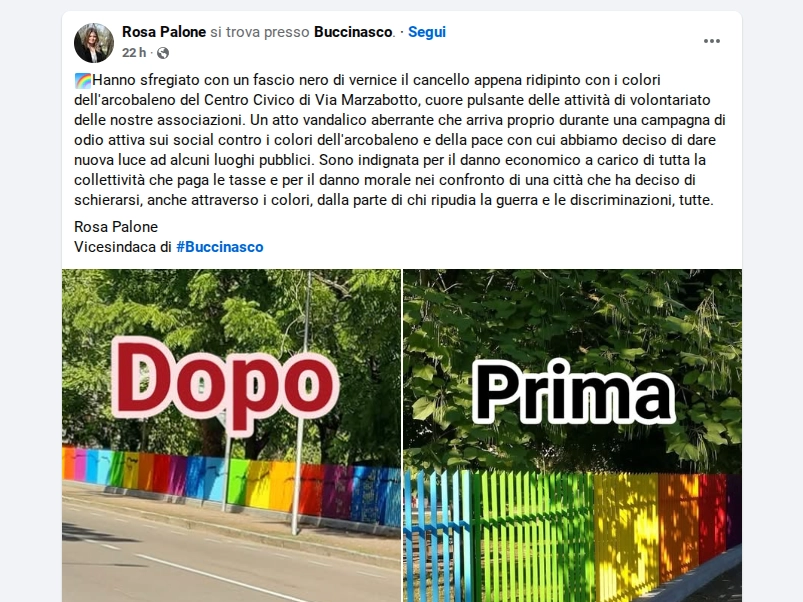 Il post Facebook della vicesindaca di Buccinasco, Rosa Palone