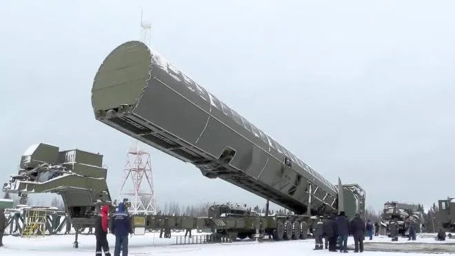 In this video grab provided by RU-RTR Russian television via AP television on Thursday, March 1, 2018, Russia's new Sarmat intercontinental missile is shown at an undisclosed location in Russia. President Vladimir Putin declared Thursday that Russia has developed a range of new nuclear weapons, claiming they can't be intercepted by enemy. (RU-RTR Russian Television via AP)