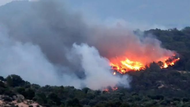 epa07676348 A general view of a forest fire burning in the municipality of Ribera d'Ebre, in Tarragona, Catalonia, northeastern Spain, 26 June 2019 (issued 27 June 2019). The forest fire, which started last evening, burnt at least 4,000 hectares and it is out of control, according to firefighter sources on 27 June.  EPA/JAUME SELLART