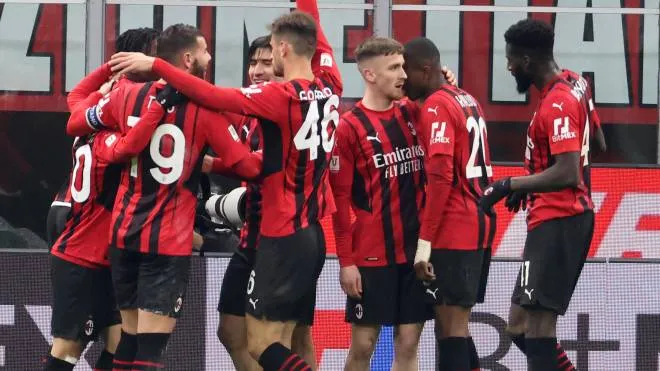 Milan�s Rafael Leao (L) jubilates with his teammates after scoring goal of 2 to 1 during the Italy Cup round of 16 between AC Milan and Genoa CFC at the Giuseppe Meazza stadium in Milan, Italy, 13 January 2022.
ANSA/MATTEO BAZZI