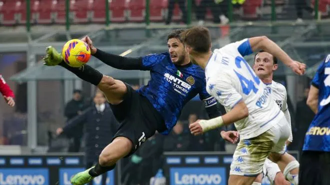 Inter Milan's defender Andrea Ranocchia scores a goal during the round of 16 of Coppa Italia soccer match Inter Milan and Empoli at the Giuseppe Meazza Stadium in Milan, Italy, 19 January 2022. ANSA / ROBERTO BREGANI
