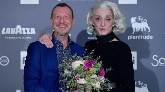 Sanremo Festival host and artistic director, Amadeus, and Italian artist Drusilla Foer (R) pose during a photocall on occasion of the 72nd Sanremo Italian Song Festival, in Sanremo, Italy,03 February 2022. The music festival runs from 01 to 05 February.   ANSA/ETTORE FERRARI