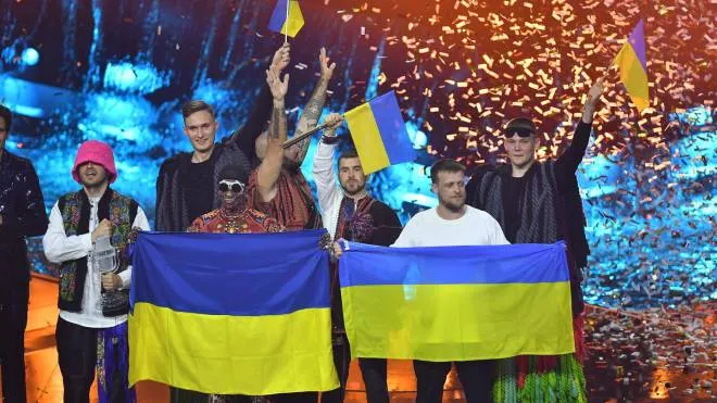 Kalush Orchestra from Ukraine celebrates onstage after winning the 66th annual Eurovision Song Contest (ESC 2022) in Turin, Italy, 15 May 2022. ANSA/ALESSANDRO DI MARCO