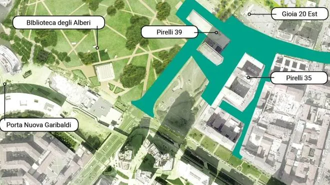 La mappa dell’area che da Porta Nuova va oltre via Melchiorre Gioia: in verde è evidenziata l’area dove sono previste le opere di urbanizzazione concordate da Comune e Coima sgr