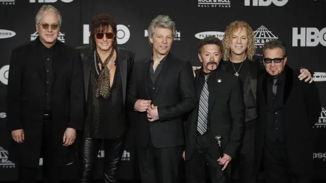 Members of the US rock group Bon Jovi (L-R) Hugh McDonald, Richie Sambora, Jon Bon Jovi, Alec John Such, David Bryan, and Tico Torres appear in the media room at the Rock and Roll Hall of Fame induction ceremony at Public Hall in Cleveland, Ohio, USA, 14 April, 2018. ANSA/DAVID MAXWELL