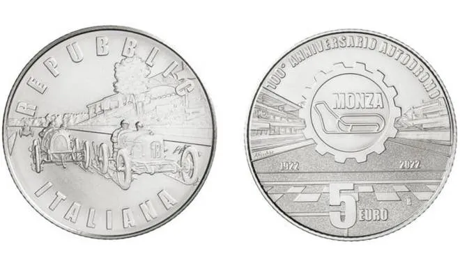 La moneta riproduce una fase di gara del secondo Gran Premio d’Italia disputato il 10 settembre 1922