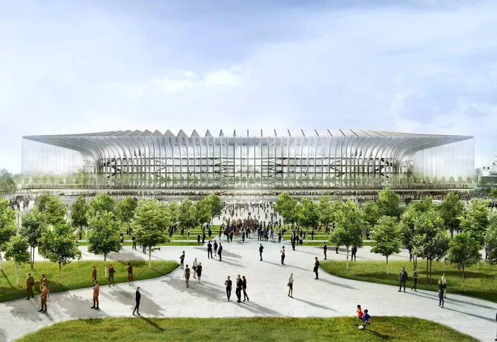 Un rendering dello stadio proposto da Milan e Inter nell’area di San Siro