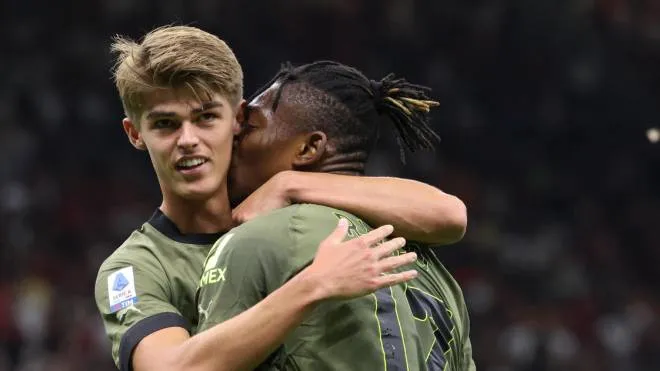 AC Milan�s Rafael Leao (R) jubilates with his teammate  Charles De Ketelaere after scoring goal of 1 to 0 during the Italian serie A soccer match between AC Milan and Bologna  at Giuseppe Meazza stadium in Milan, 27 August 2022.
ANSA / MATTEO BAZZI