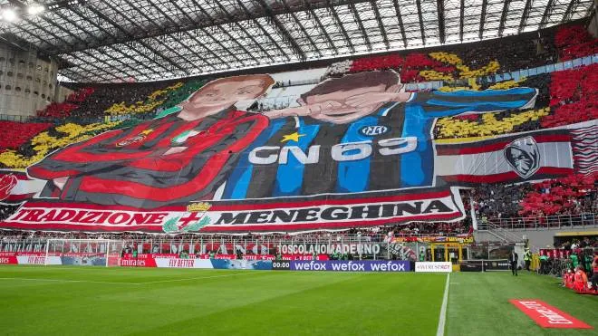 General view of AC Milan supporters coreography before the Italian Serie A soccer match between AC Milan and FC Inter Milan at Giuseppe Meazza stadium in Milan, Italy, 3 September 2022. ANSA / ROBERTO BREGANI