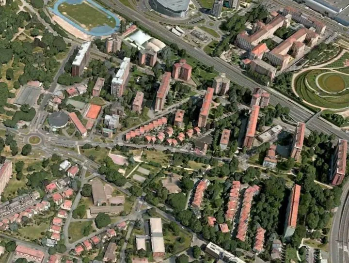 Una visione aerea del quartiere QT8, progettato dall’architetto Piero Bottoni