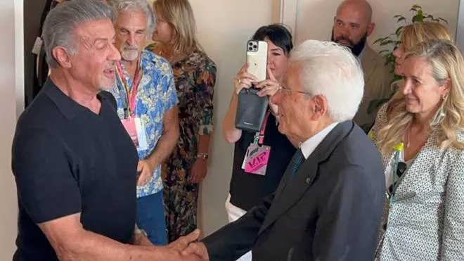 An handout image released by Quirinale press office shows Italian president Sergio Mattarella (R) shaking hands to Us actor Sylvester Stallone on the occasion of the Italian Formula 1 Grand Prix, in Monza, Italy, 11 September 2022. ANSA/ FRANCESCO AMMENDOLA / QUIRINALE PRESS OFFICE ++HO - NO SALES EDITORIAL USE ONLY++