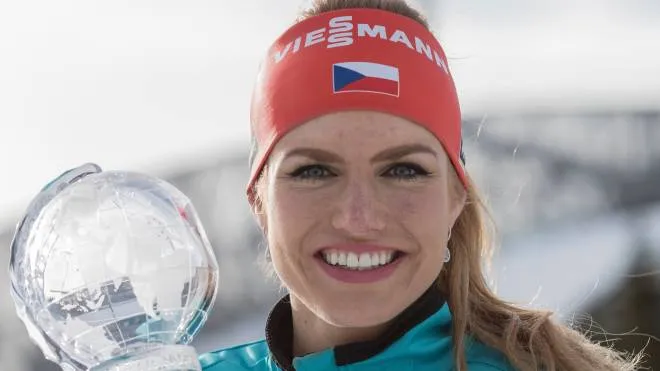 OSLO, NORWAY - MARCH 17: Gabriela Koukalova of the Czech Republic presents the cristal globe for the sprint world cup after the 10 km men's Sprint on March 17, 2017 in Oslo, Norway. (Photo by Christian Manzoni/NordicFocus/Getty Images)