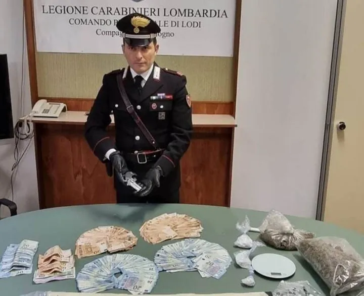 Lo stupefacente, l’arma, l’esplosivo e i contanti sequestrati dai carabinieri nelle due abitazioni