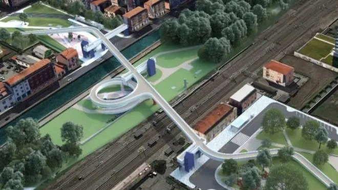 Il rendering della passerella ciclopedonale che sarà realizzata nell’ambito dei lavori per la nuova linea della metropolitana