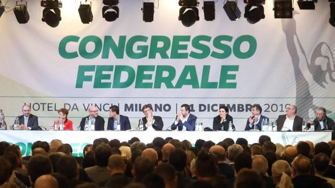 L'intervento dei governatori della Lega lasciano durante il congresso Federale. Milano 21 Dicembre 2019.
ANSA / MATTEO BAZZI