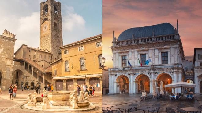 Piazza Vecchia e Bergamo (sin) e piazza della Loggia a Brescia (des)